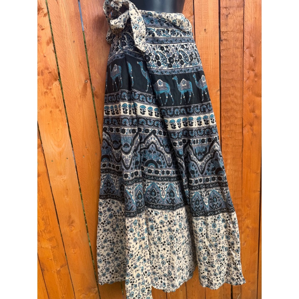 Mina India Bohemian Block Print Camel Paisley Wrap Maxi Skirt Teal Cream OS